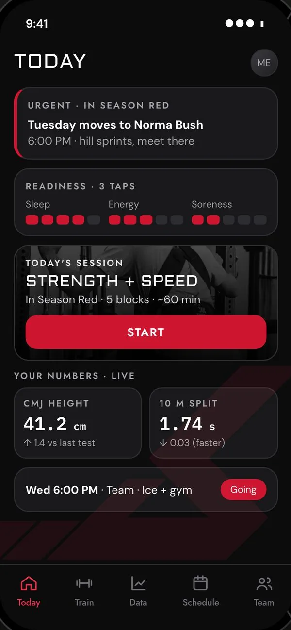 Bold Athlete’s app on an athlete’s phone: an urgent note that Tuesday moves to Norma Bush, readiness, today’s Strength and Speed session with a start button, live jump and sprint numbers, and Going for Wednesday’s team session.