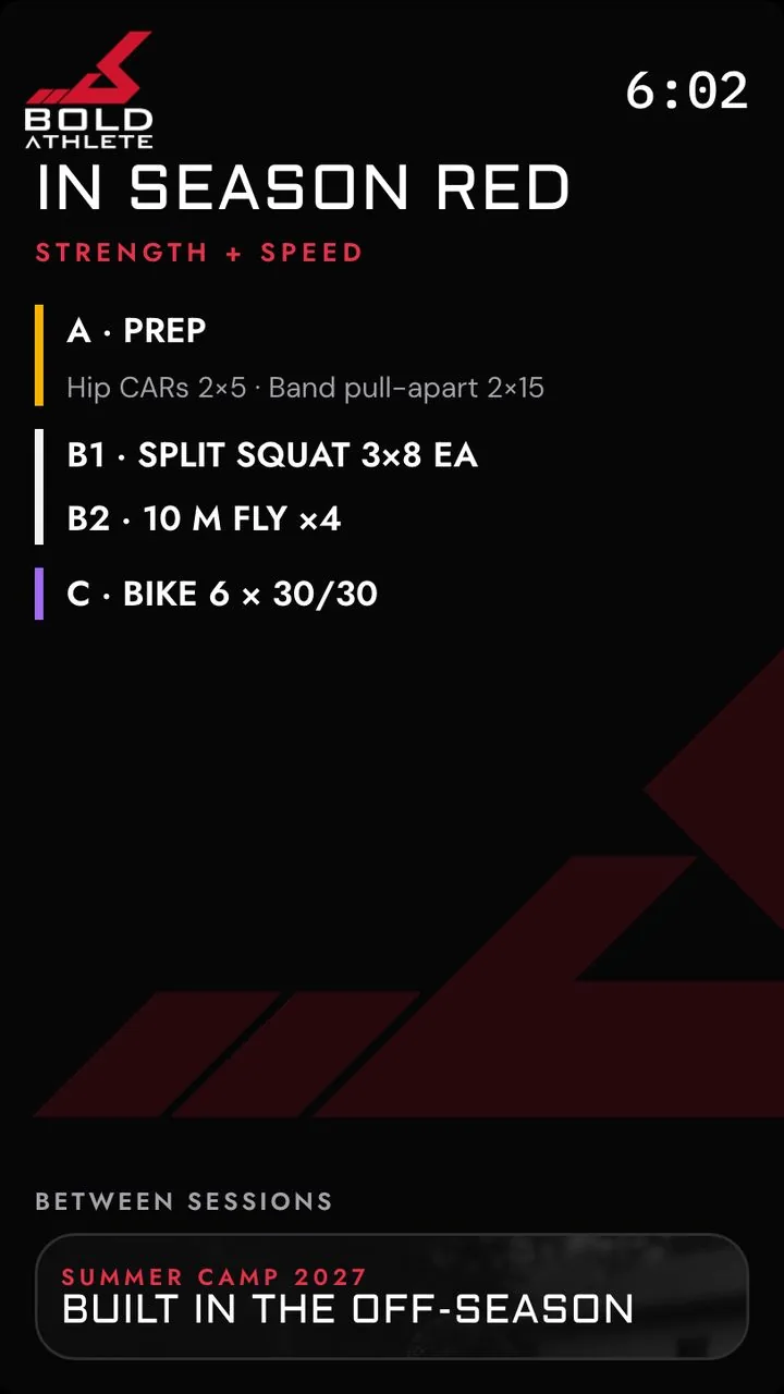 Bold Athlete’s gym screen during the In Season Red team’s session: prep, split squats, flying 10s and the bike, with a clock, and a promotion for the summer camp between sessions.