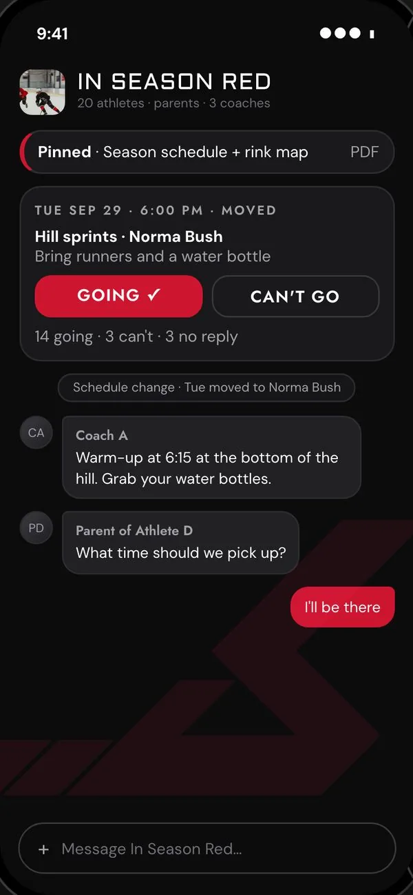 Bold Athlete’s team chat: a pinned schedule, a moved session with Going and Can’t go buttons, and a coach and a parent in the thread.