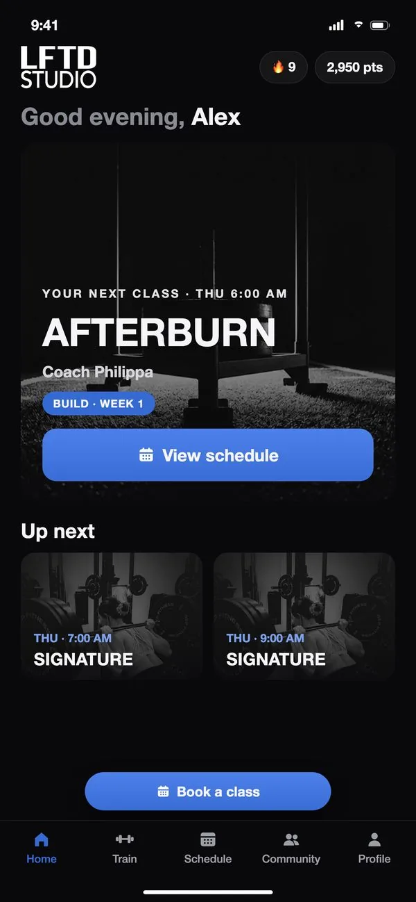 LIFTED’s app on a member’s phone: Good evening, Alex. Their next class, Afterburn on Thursday at 6:00 AM with Coach Philippa, and a button to view the schedule.