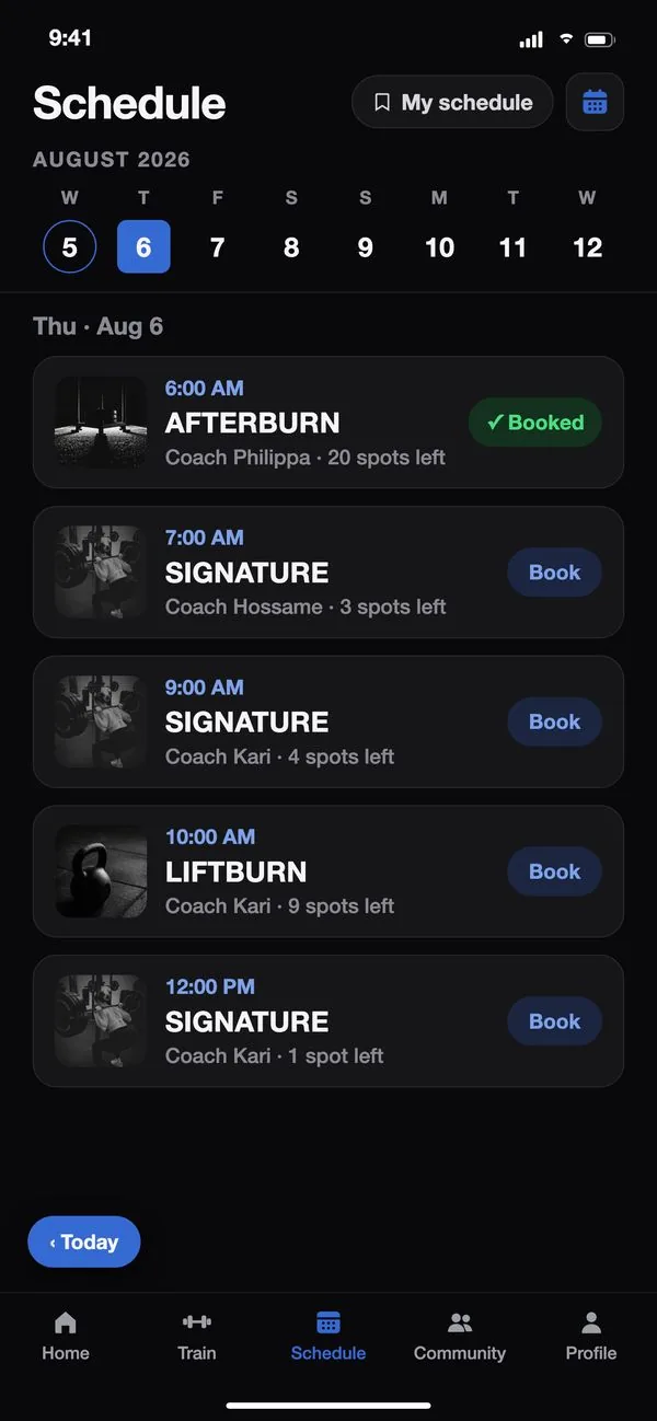 LIFTED’s schedule: the week’s days, then each class with its photo, coach and spots left, and a Book button.