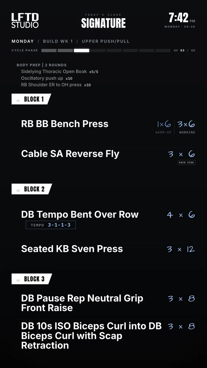 LIFTED’s gym screen during the Signature class: the body prep, then three blocks of lifts with sets and reps.