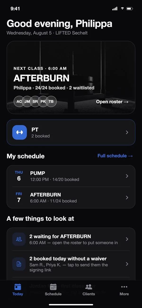 The same app on a coach’s phone: Good evening, Philippa. The same Afterburn class, 24 of 24 booked with 2 on the waitlist and the roster one tap away, the week’s classes, and a few things to look at.
