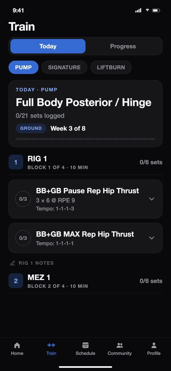 LIFTED’s Train tab: today’s Pump workout, Full Body Posterior and Hinge, in blocks with sets, reps and tempo to log.